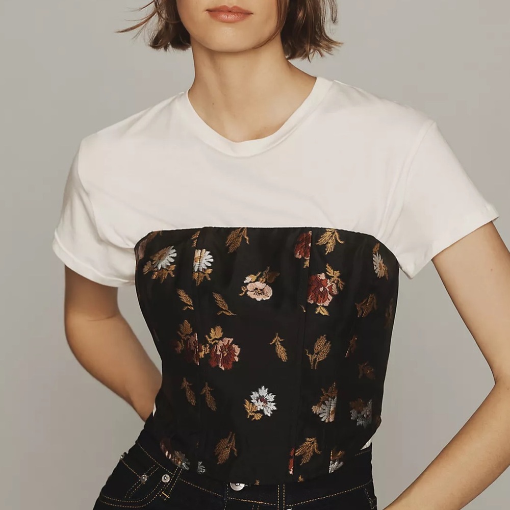 Maeve by Anthropologie Embellished Cropped Corset Top Black Floral Size 4